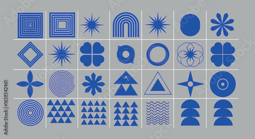 Vector art of collection of modern abstract geometric shapes and forms in vibrant blue on a grey background, suitable for graphic design and digital art