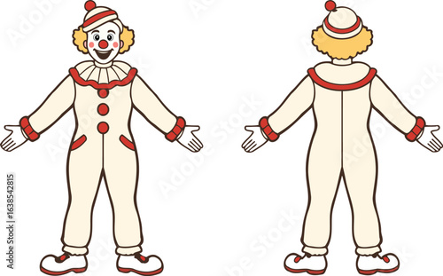 A mime in white costume, front and back view. Clean flat vector illustration with solid colors, perfect for kids themes, parties, and fun designs.