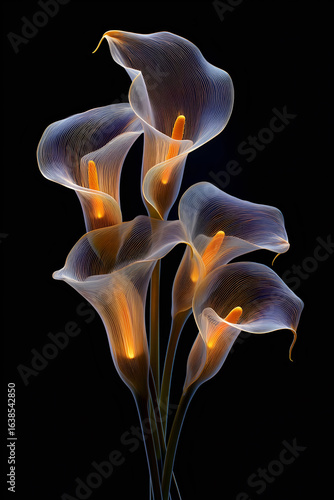 Transparent Calla Lilies with Glowing Orange Centers Isolated on Black Background