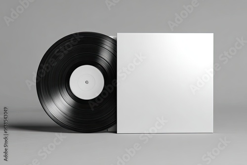 Blank vinyl record and cover.  A glossy black vinyl record rests beside a blank white square sleeve against a neutral gray backdrop.  Simple, clean presentation