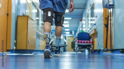 A man with a prosthetic leg walks down a hallway. The hallway is empty and the man is the only person in the scene