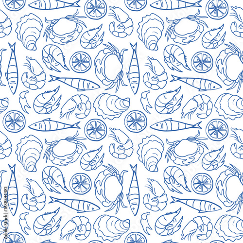 Vector hand-drawn seamless pattern with seafood: oyster, shrimp, fish, crab in Mediterranean modern fish market style