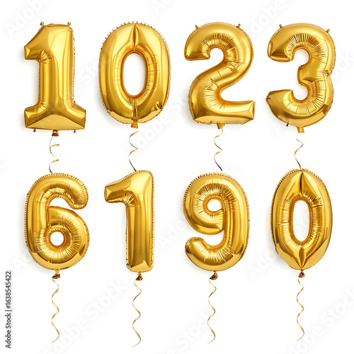 Shiny gold foil number 10 balloons isolated on white background