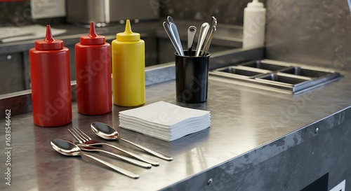 Wallpaper Mural Condiment Bar Setup: A detailed shot of a well-organized condiment bar. Showcasing a range of sauce bottles, silverware, and neatly stacked napkins ready for service. Torontodigital.ca