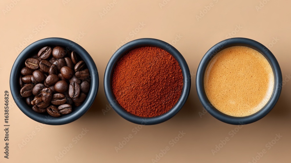 Fototapeta premium Three bowls of different colors and sizes, one of which contains coffee beans