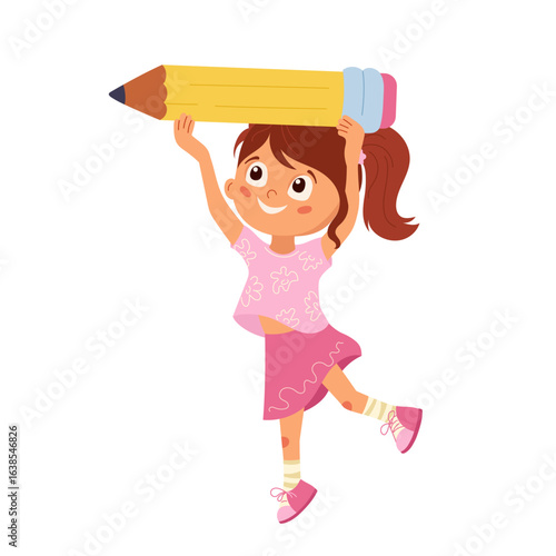 Cheerful girl with brown hair, holding huge yellow pencil above her head. Cartoon schoolgirl vector illustration for study projects, learning materials and creative designs. Back to school