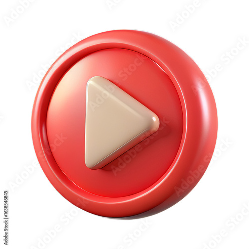 Bold Red Plastic 3D Play Button with Glossy Circular Frame on Transparent Background