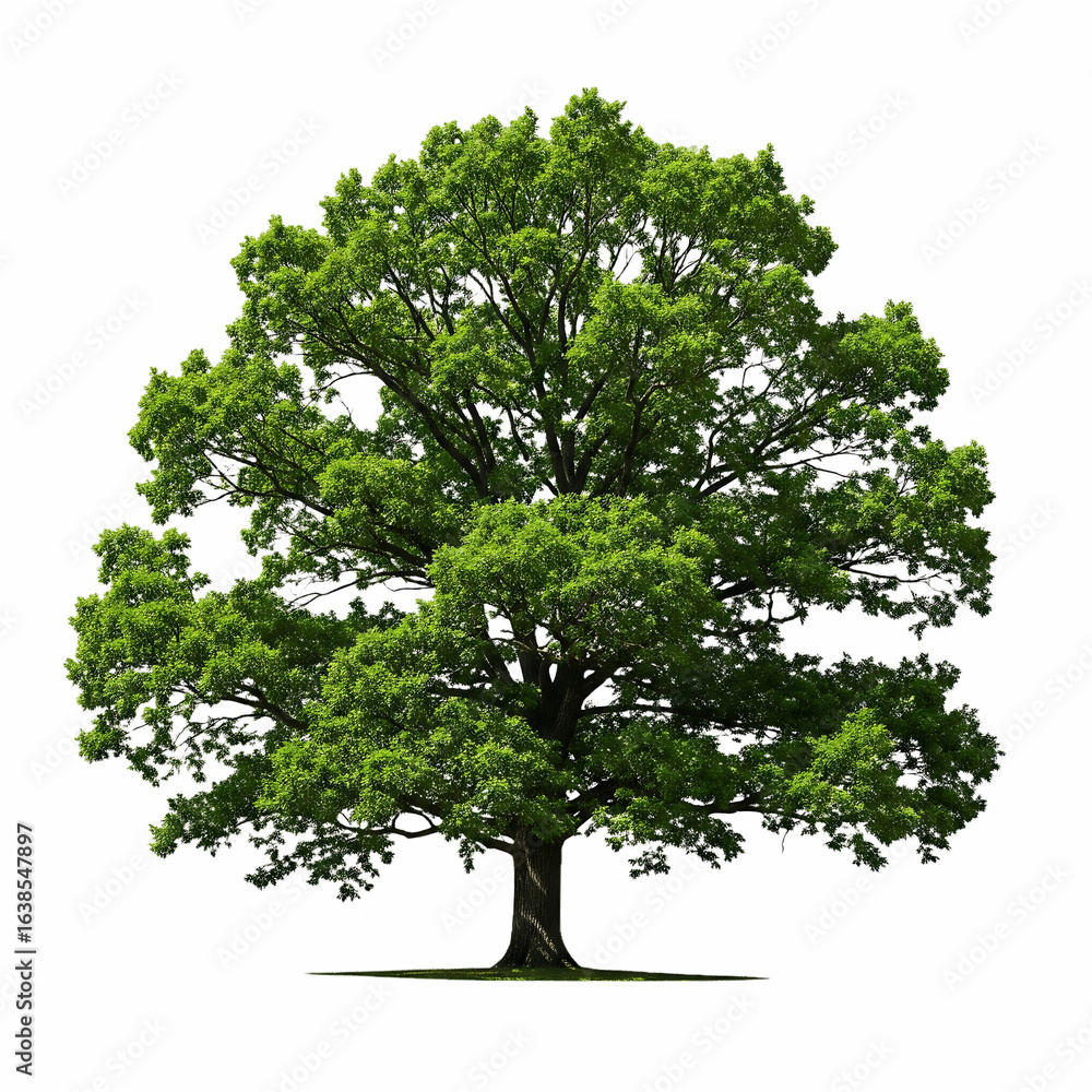 Obraz premium Lush green deciduous tree with spreading branches and dense foliage isolated on a transparent background