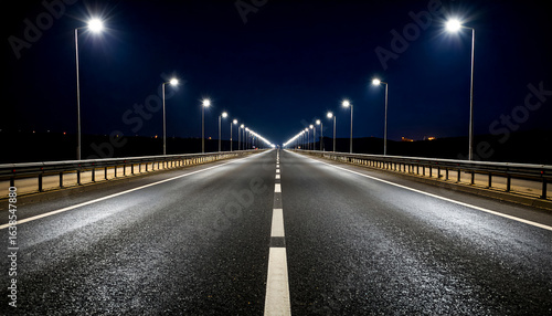 An asphalt road at night, stretching straight to the horizon, illuminated on the sides by lampposts, abstract background