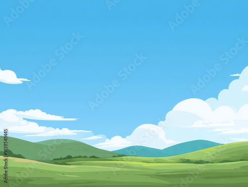 Wallpaper Mural Sunny day, green field, rolling hills, blue sky, landscape illustration, website background Torontodigital.ca