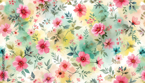  Scattered Pink Flowers and Watercolor Splashes