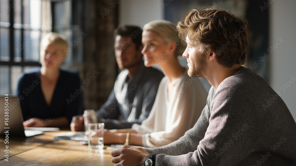Fototapeta premium Team meeting in a bright office environment with copy space