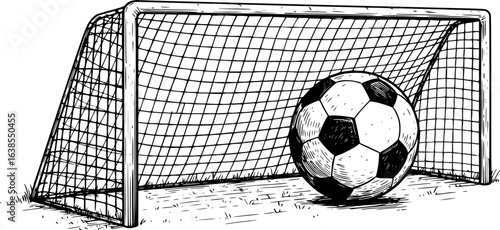 Vintage engraved illustration of soccer ball and goal for sports design and decor
