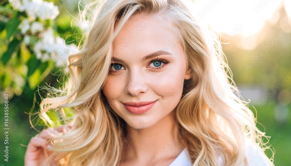 Naklejka premium Blond woman smiles outdoors