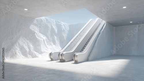 Escalators ascending through textured white walls, a sky-lit entrance