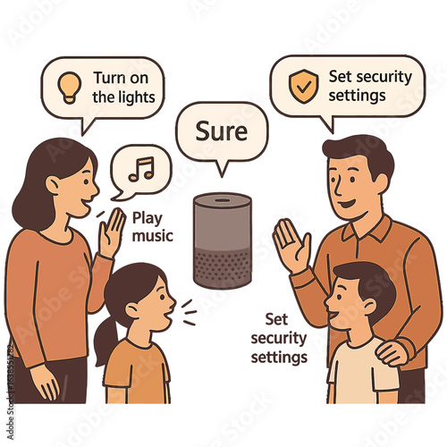 Family using smart speaker for home automation in cartoon style