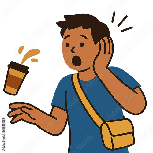 Surprised character reacting to spilled coffee with shocked expression