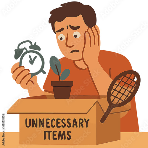 Decluttering concept art with unneeded items and worried person