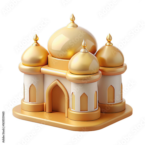Cream and Gold Plastic 3D Mosque Icon with Smooth Domes and Minimal Detailing on Transparent Background
