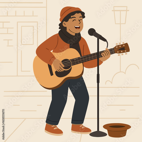 Street musician playing acoustic guitar in cozy autumn scene