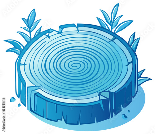 Blue Cartoon Wood Stump with Concentric Rings and Leaves