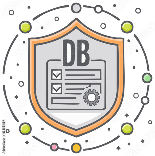 Data protection shield with document checkboxes and gear icon illustrating secure database management system and network connectivity