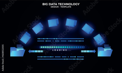 Glowing Files upload concept. Files transfer data with a holographic progress bar that says "Loading," showing  the files are transferred to the Folder. Technology Artificial Intelligence concept