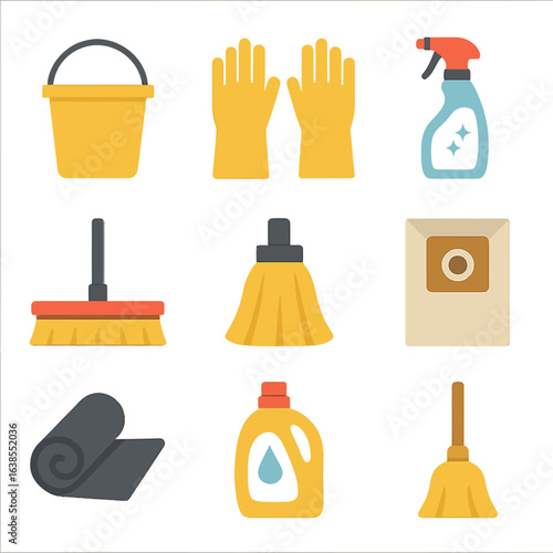 Colorful gradient neon cleaning supplies icons with household tools