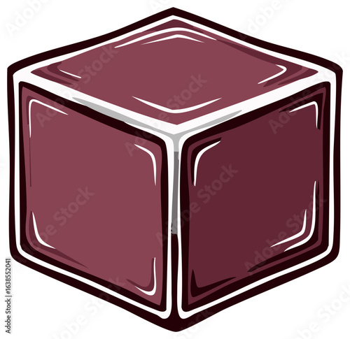 Glossy maroon cube block icon with bold outlines in a 3D cartoon style