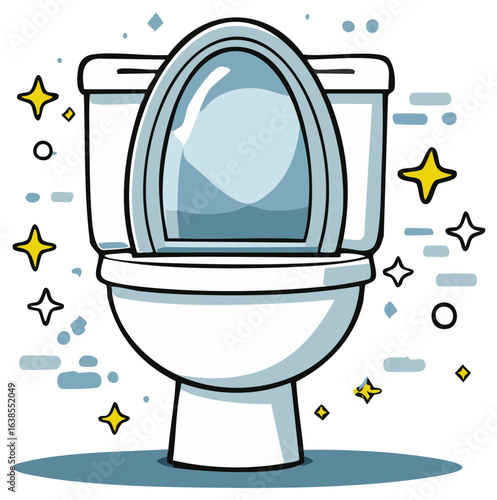 Cartoon Toilet with Open Lid and Sparkling Cleanliness Emphasized