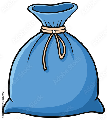 Cartoon illustration of blue sack tied with rope, concept of storage or holiday bag, container with blank space.