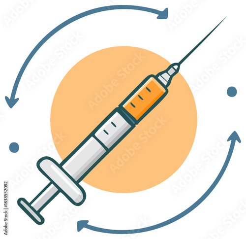 Syringe with orange liquid and circular arrows indicating treatment or process