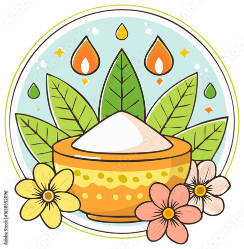 Decorative Arrangement with Flames Leaves Flowers and a Bowl of White Powder, Cartoon Style