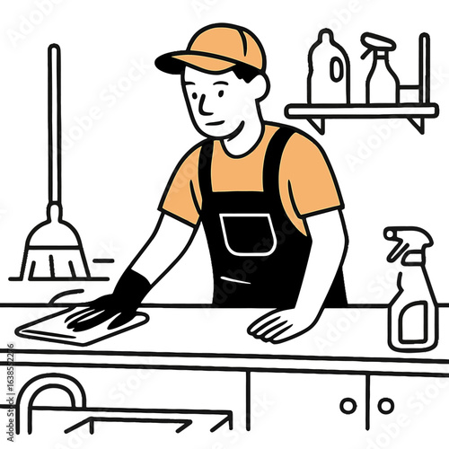 Flat style cleaning worker in apron and cap wiping kitchen counter