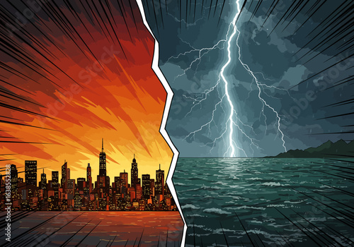A cityscape under orange sky juxtaposed with ocean under lightning storm split by a white line