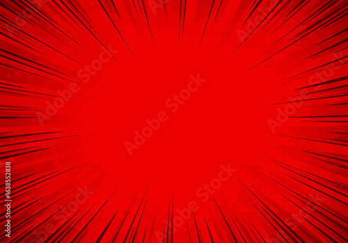 Red background with radiating black lines creating a dynamic explosive effect