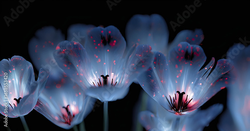 Ghostly Tulips Background - White and Red Transparent Flowers Glowing on Black