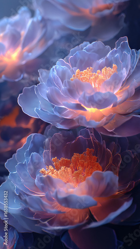 Glowing White Peony Flowers at Night - Dramatic Light Closeup Background