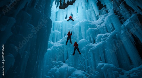 Ice Climbing Adventure Team Ascending Frozen Waterfall, Extreme Winter Sport