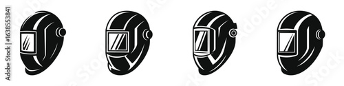 Set of black and white welding helmet icons, protective face shield silhouettes for welding safety, industrial work, metal fabrication, and construction vector illustrations of welding gear