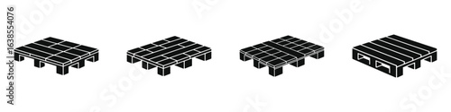 Set of black and white wooden pallet icons, industrial shipping and storage platform symbols, logistics and warehouse equipment vector illustrations for transportation and packaging