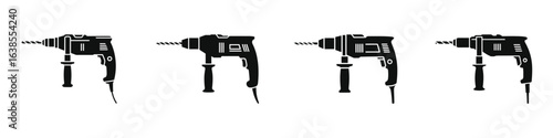 Set of black and white electric drill icons, power tool silhouettes with drill bits for construction, woodworking, DIY projects, and home improvement, vector illustrations of handheld drills