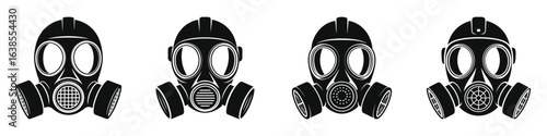 Set of black and white gas mask icons with protective helmets, respiratory safety equipment silhouettes for industrial, chemical, and hazardous environment protection