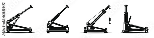 Set of black and white hydraulic floor jack icons, car lifting tools silhouettes for automotive repair, vehicle maintenance, tire changing, and garage equipment vector illustrations