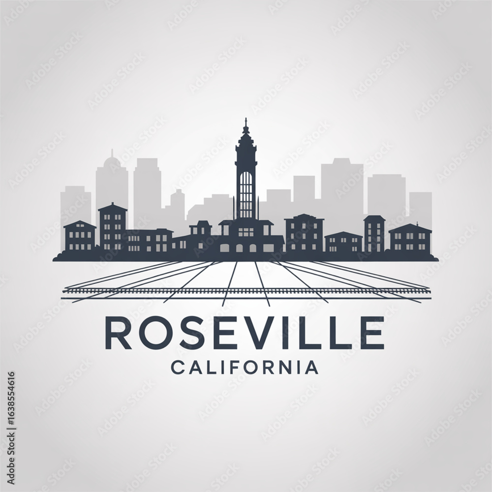 Obraz premium Roseville Skyline Silhouette — A Growing Railroad City in Northern California Vector Illustration