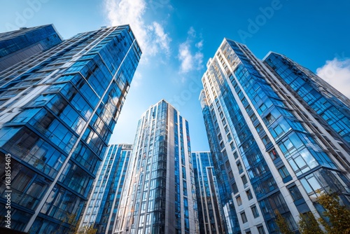 Wallpaper Mural Tall buildings constructed with glass and steel dominate the skyline, reflecting sunlight and surrounding features on a bright, sunny day. The vibrant architecture illustrates urban development Torontodigital.ca