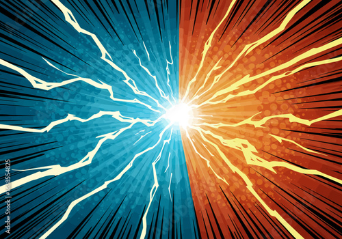 Dynamic Comic Book Style Energy Clash Blue and Orange Radiating Explosion.