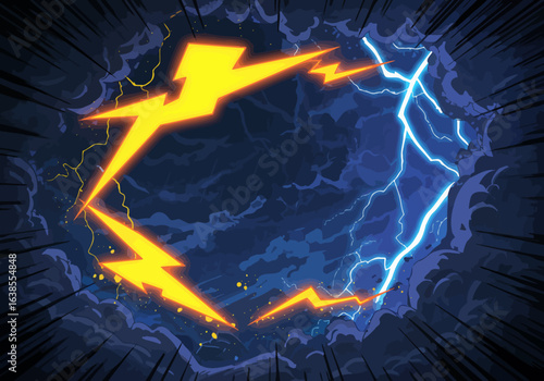 Dynamic Yellow and Blue Lightning Bolts Clashing in Dark Storm Clouds.