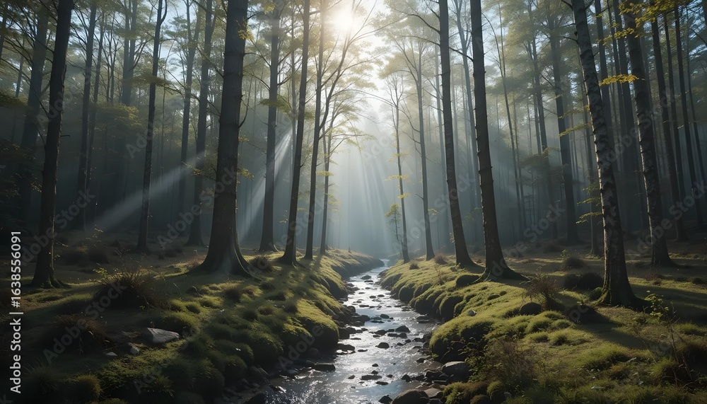 Fototapeta premium Sunlight Streaming Through Forest Trees with Peaceful Creek