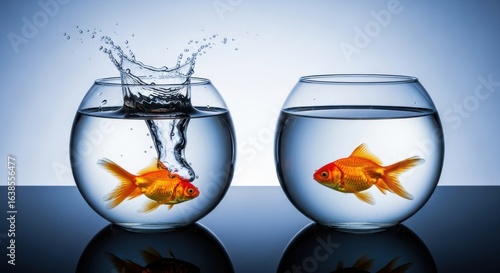Goldfish leaping from one bowl to another symbolizing change and new beginnings